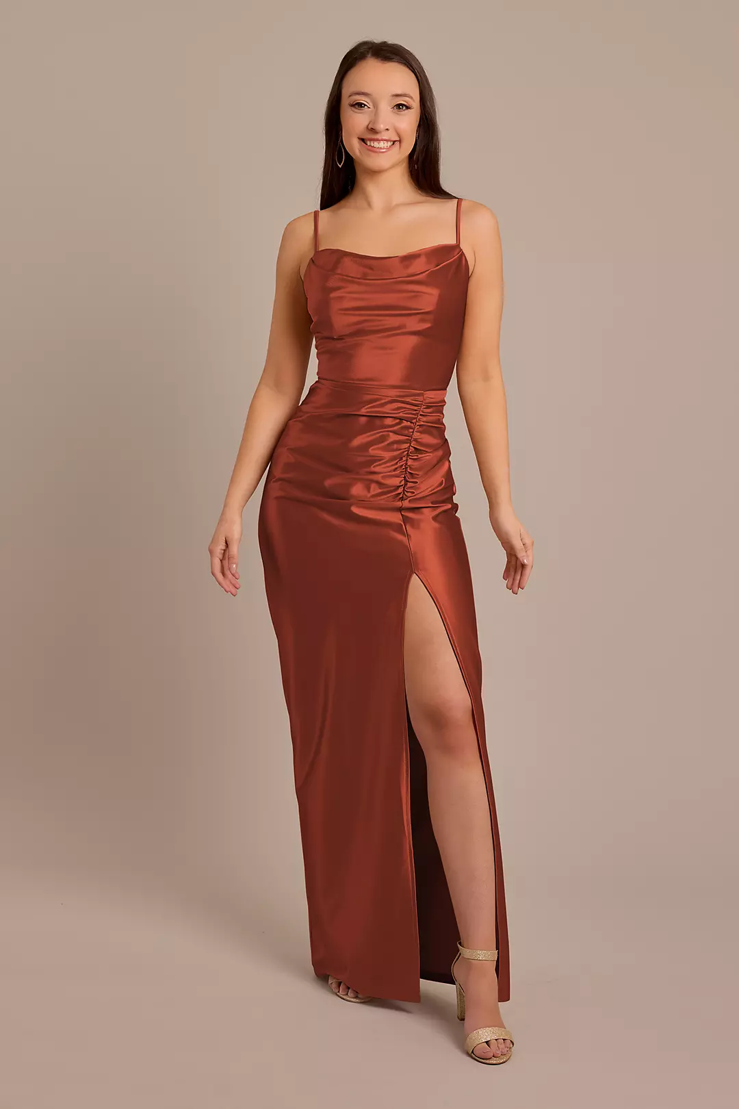Sculpting Satin Cowl Neck Ruched Dress - Image 23