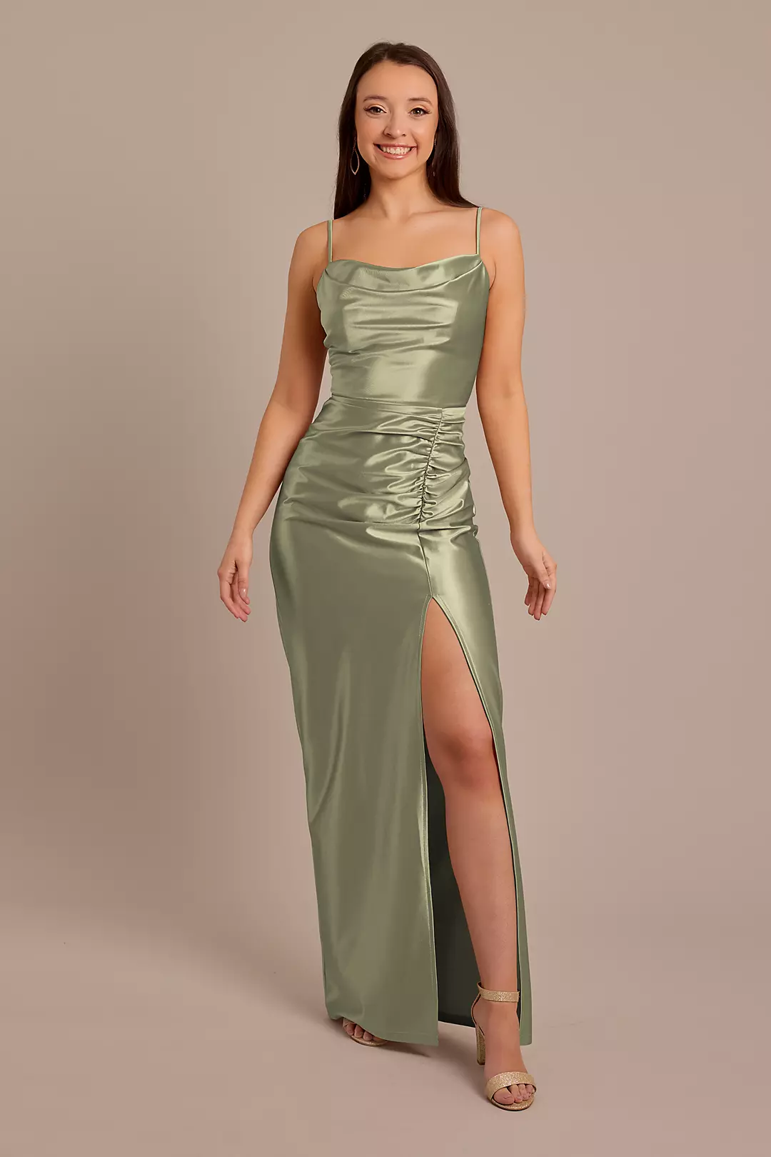 Sculpting Satin Cowl Neck Ruched Dress - Image 42