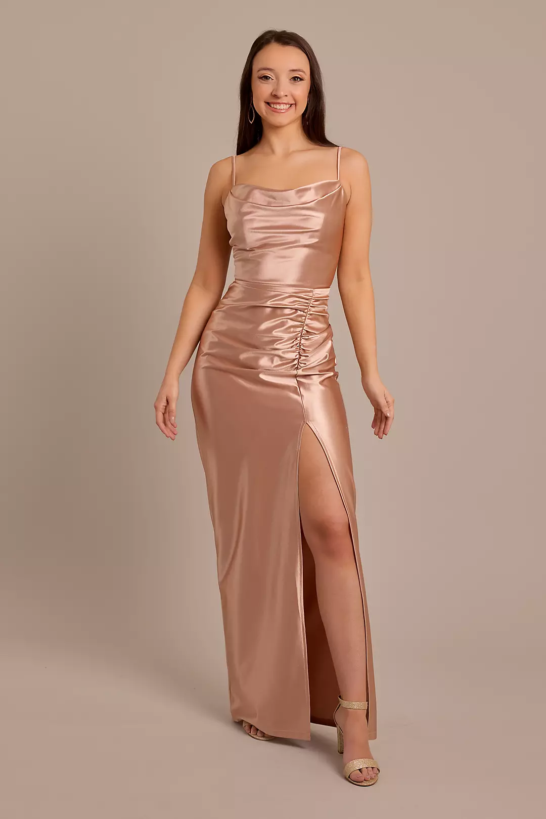 Sculpting Satin Cowl Neck Ruched Dress - Image 47