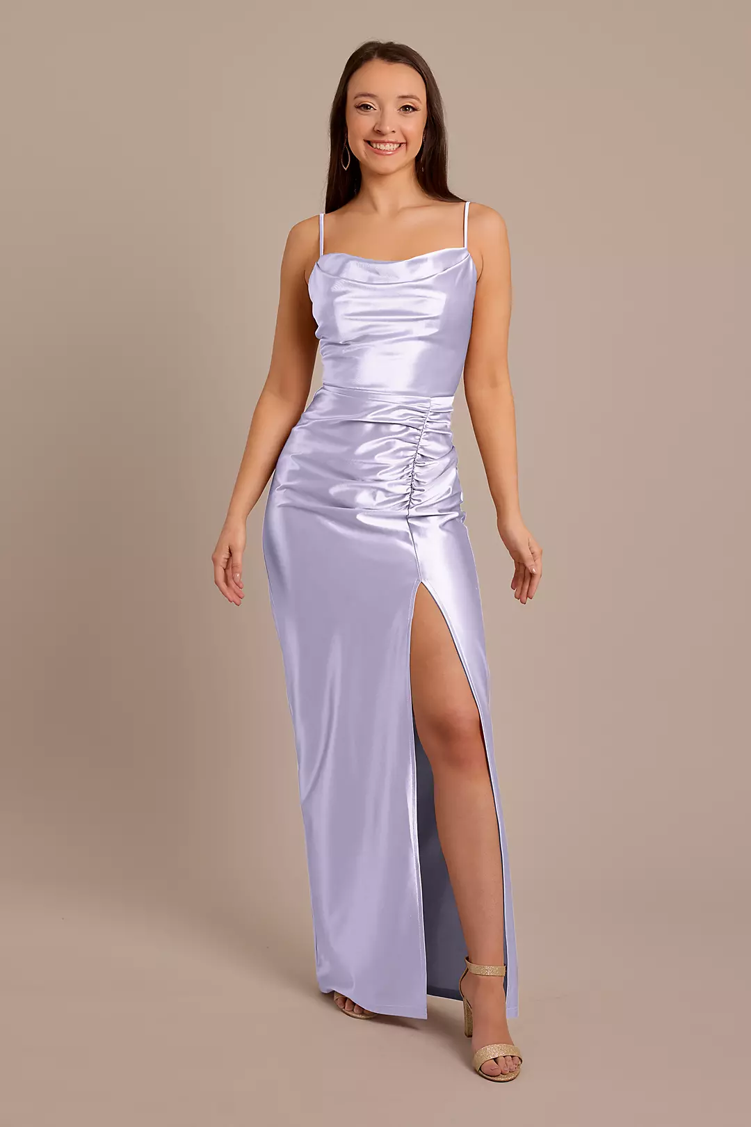 Sculpting Satin Cowl Neck Ruched Dress - Image 49