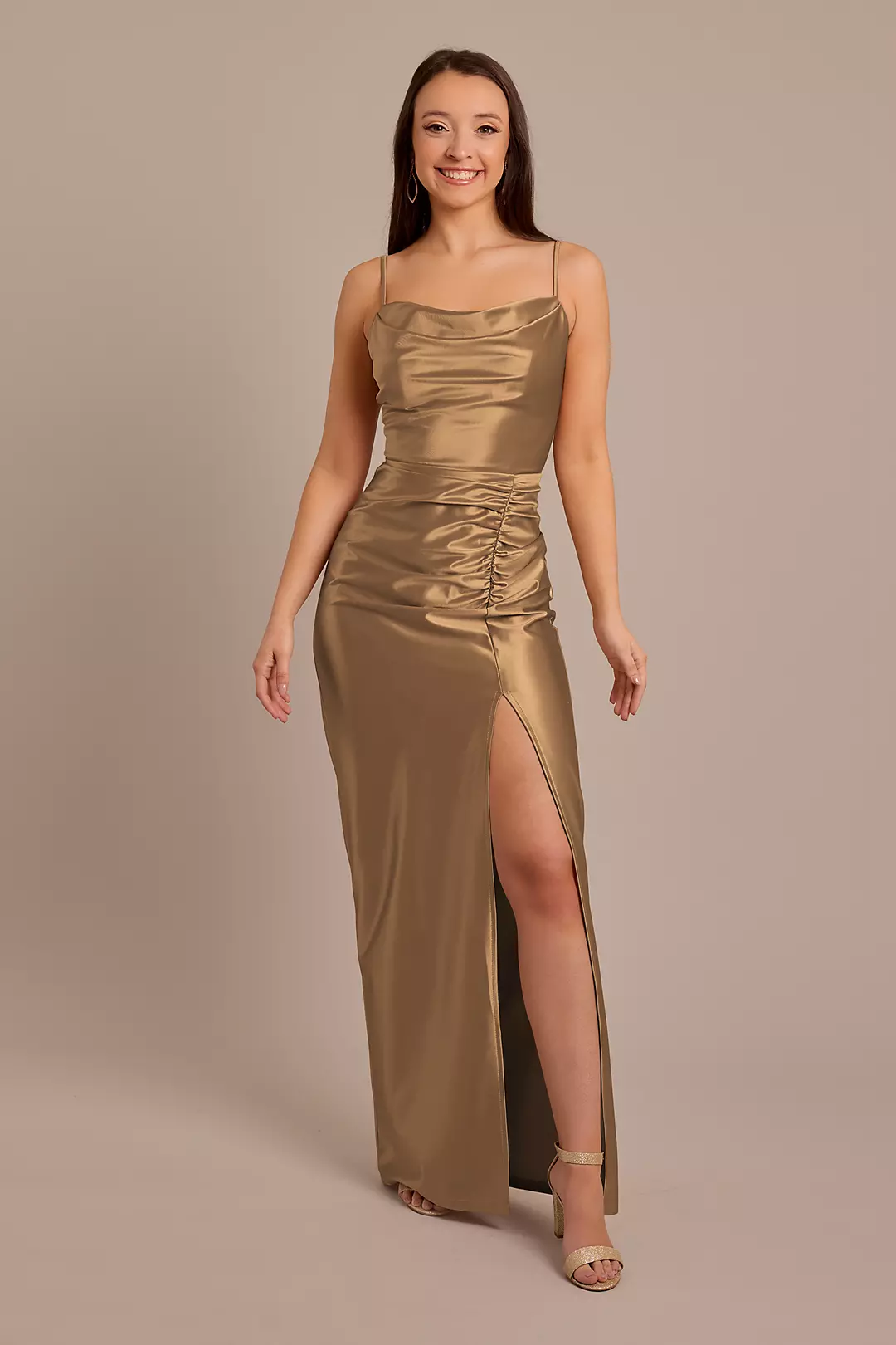 Sculpting Satin Cowl Neck Ruched Dress - Image 54