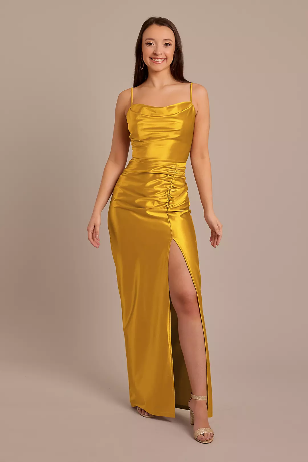 Sculpting Satin Cowl Neck Ruched Dress - Image 56