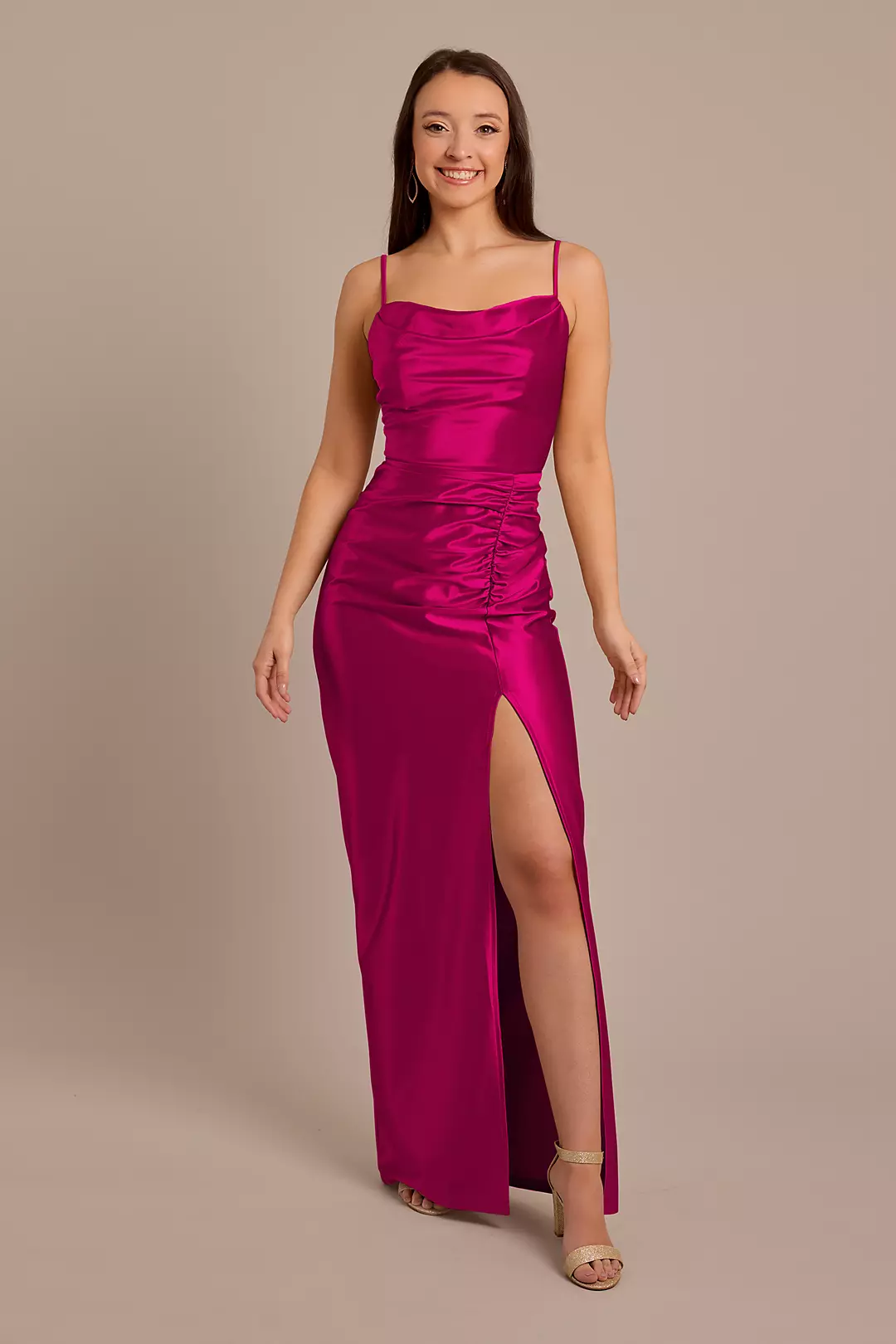 Sculpting Satin Cowl Neck Ruched Dress - Image 57
