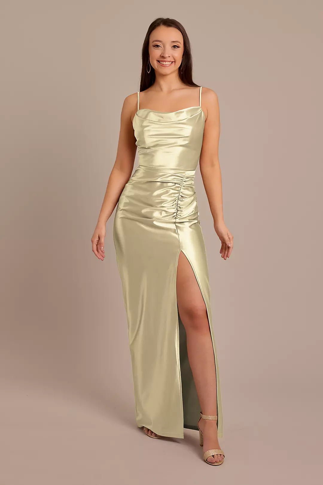 Sculpting Satin Cowl Neck Ruched Dress - Image 58
