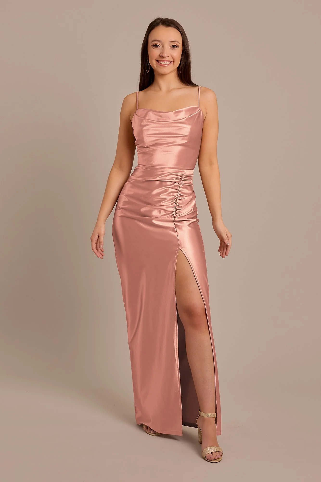Sculpting Satin Cowl Neck Ruched Dress - Image 6