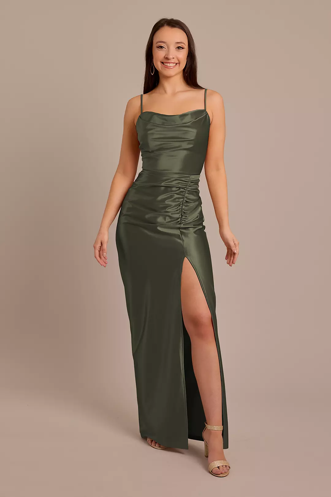 Sculpting Satin Cowl Neck Ruched Dress - Image 66
