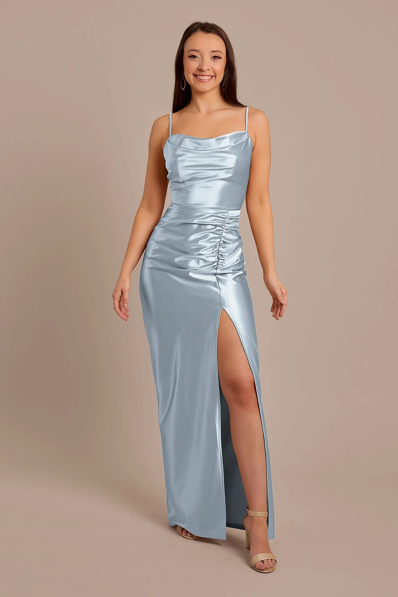 Sculpting Satin Cowl Neck Ruched Dress - Image 7