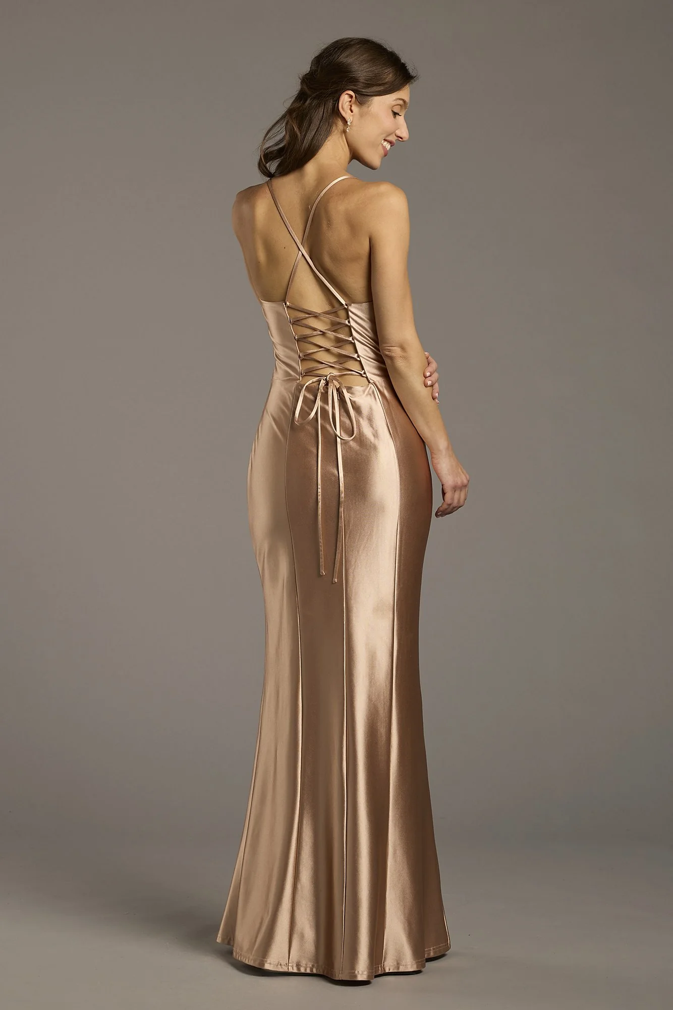 Sculpting Satin Lace-Up Back Sheath Dress - Image 12