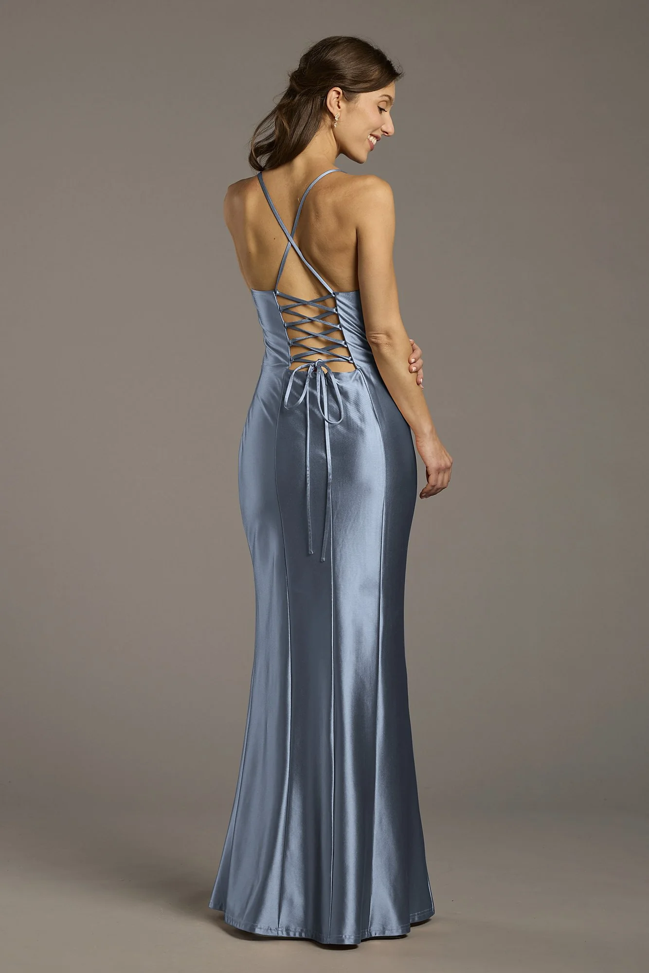 Sculpting Satin Lace-Up Back Sheath Dress - Image 13