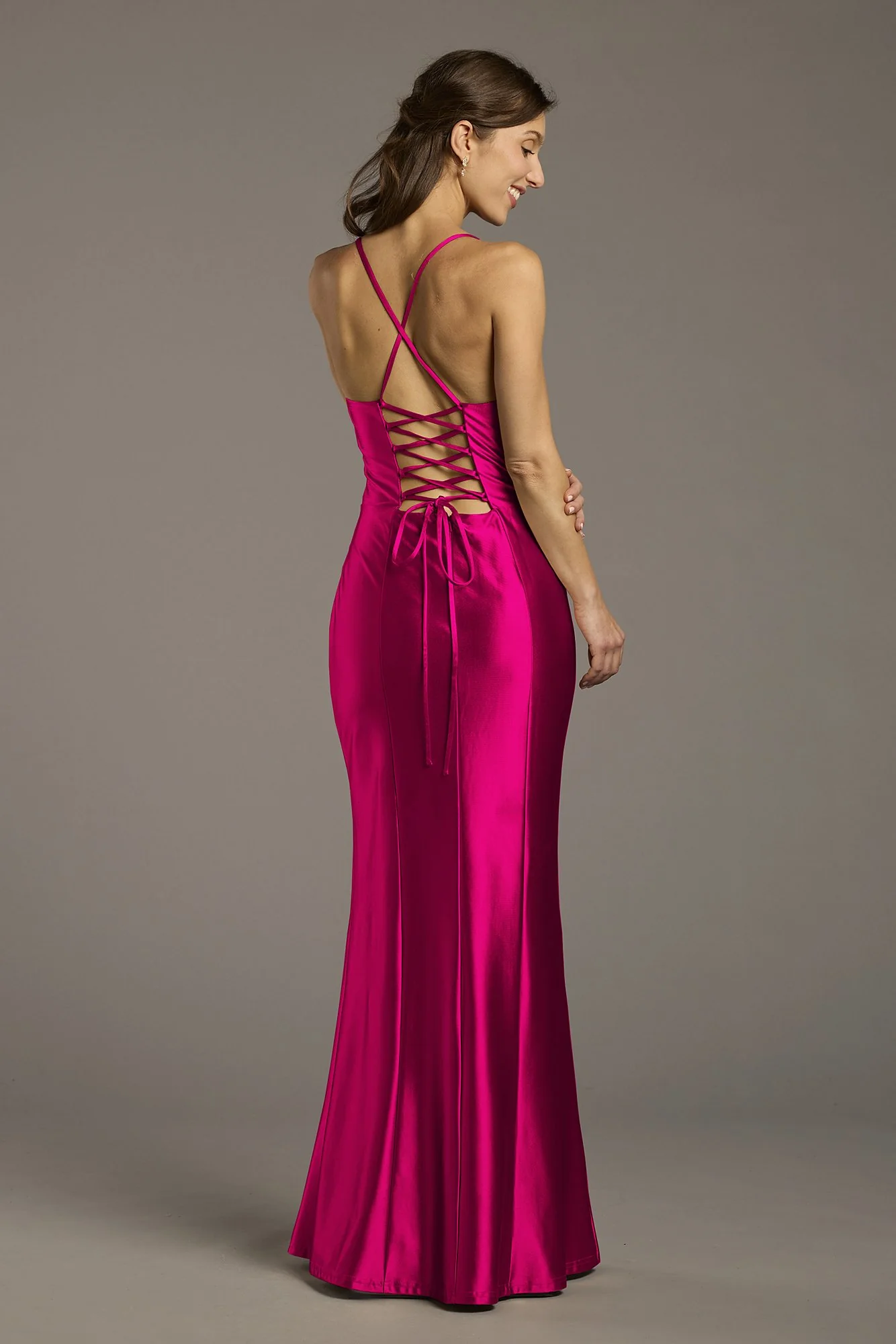 Sculpting Satin Lace-Up Back Sheath Dress - Image 6