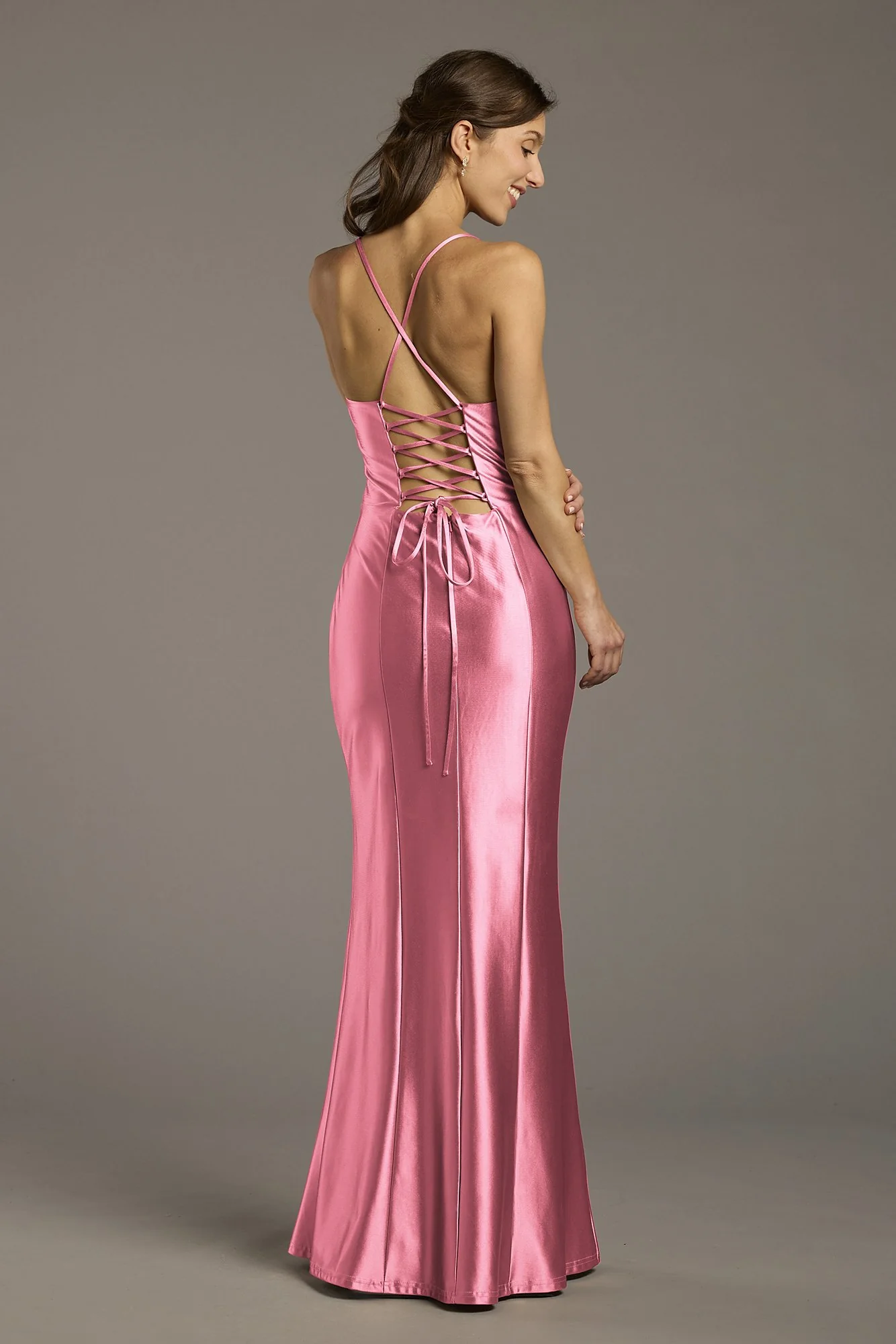 Sculpting Satin Lace-Up Back Sheath Dress - Image 7