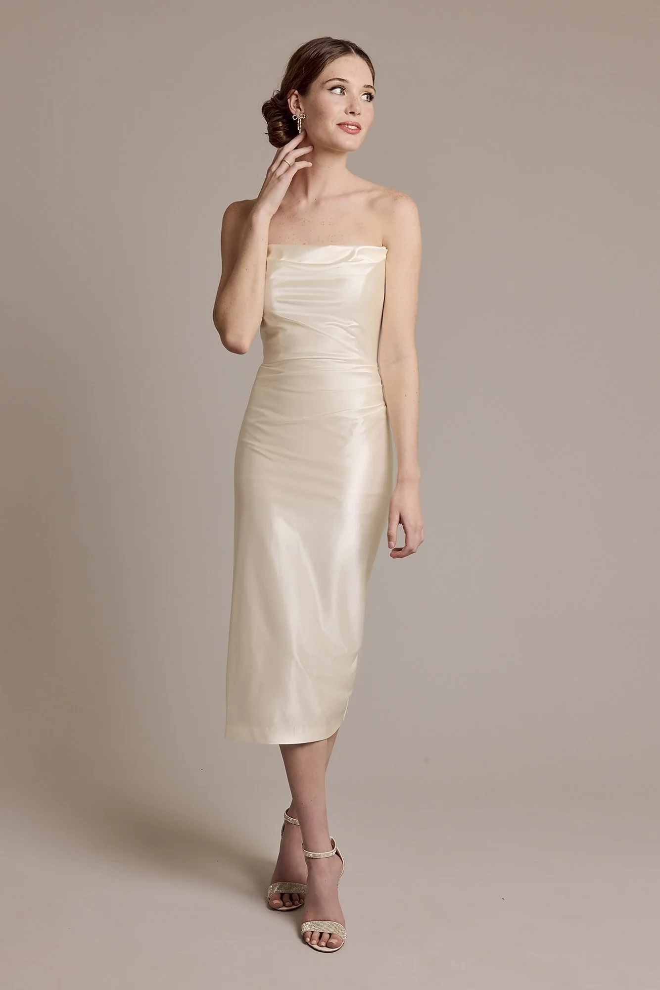 Sculpting Satin Midi Dress with Draped Bodice