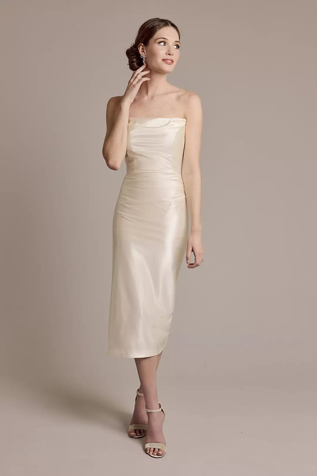 Sculpting Satin Midi Dress with Draped Bodice - Image 2