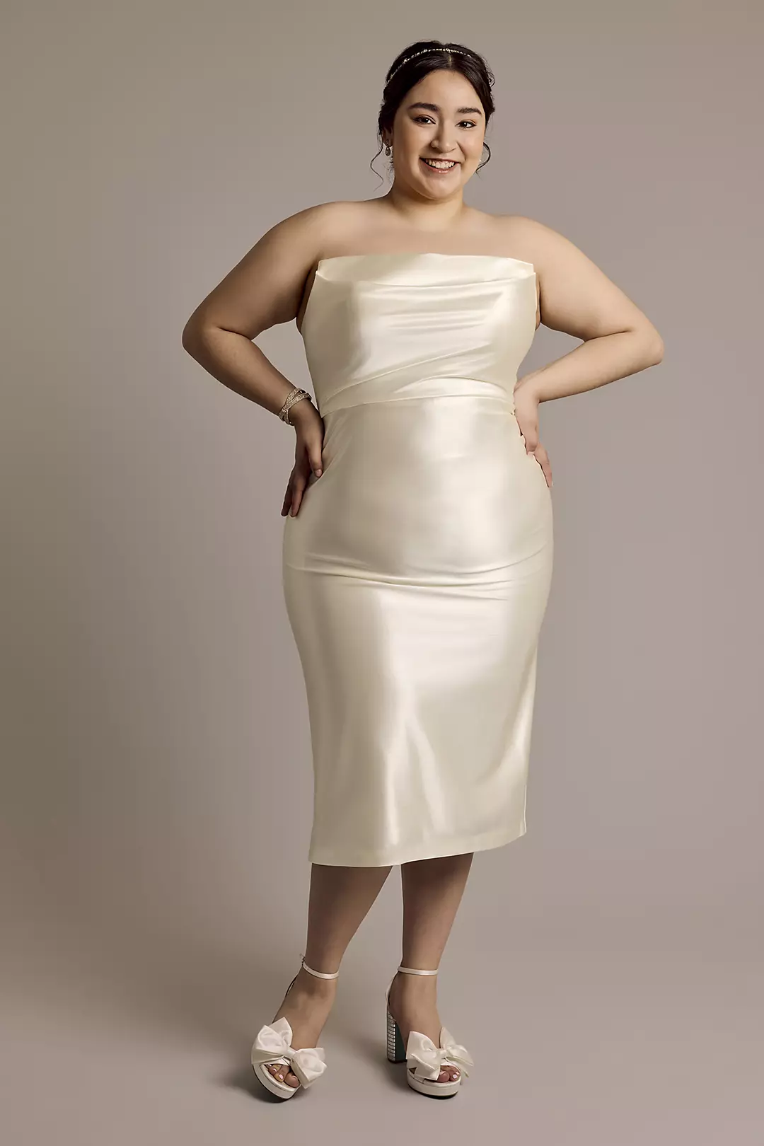 Sculpting Satin Midi Dress with Draped Bodice - Image 4