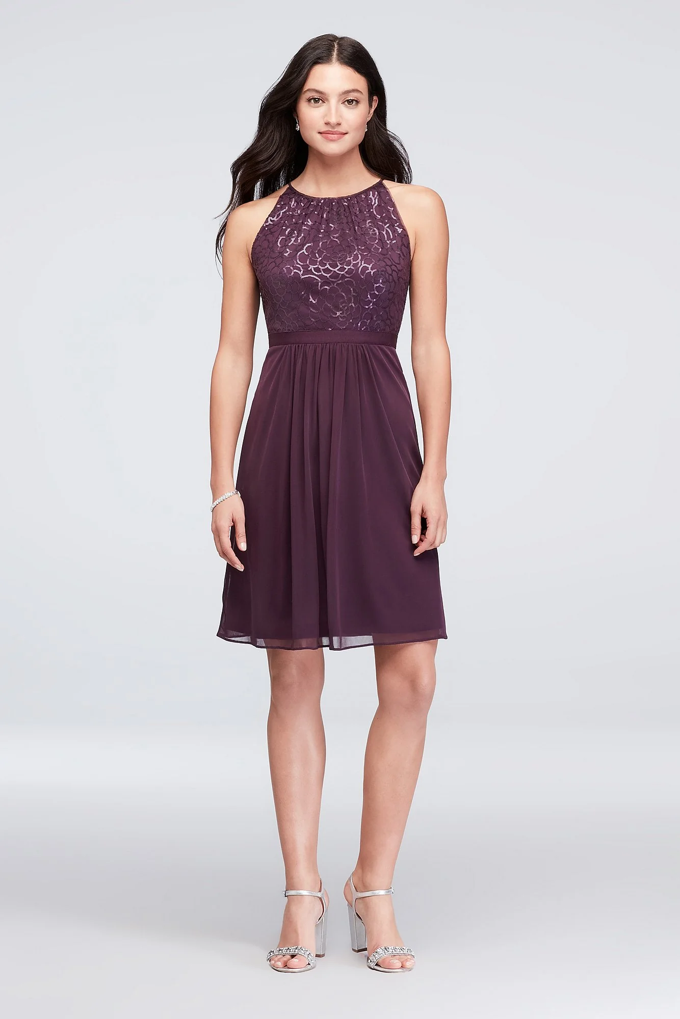 Sequin and Mesh High-Neck Short Bridesmaid Dress - Image 2