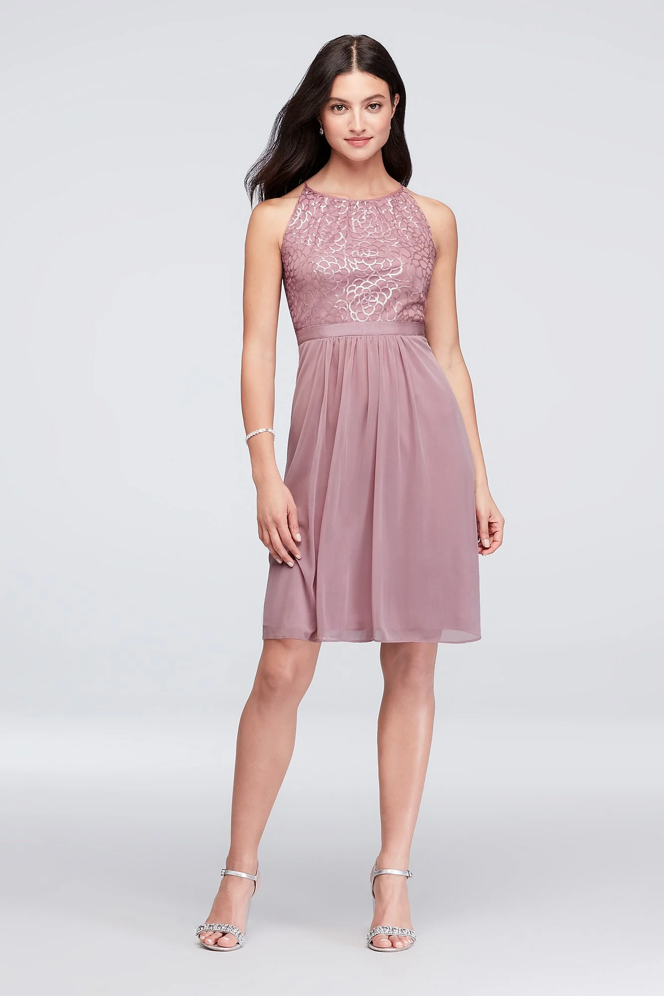 Sequin and Mesh High-Neck Short Bridesmaid Dress - Image 4