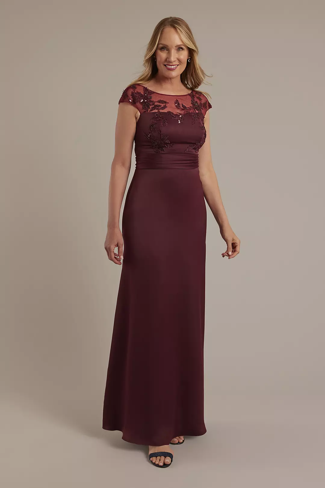 Sequin Applique Crepe-Back Satin Slim A-Line Dress - Image 2