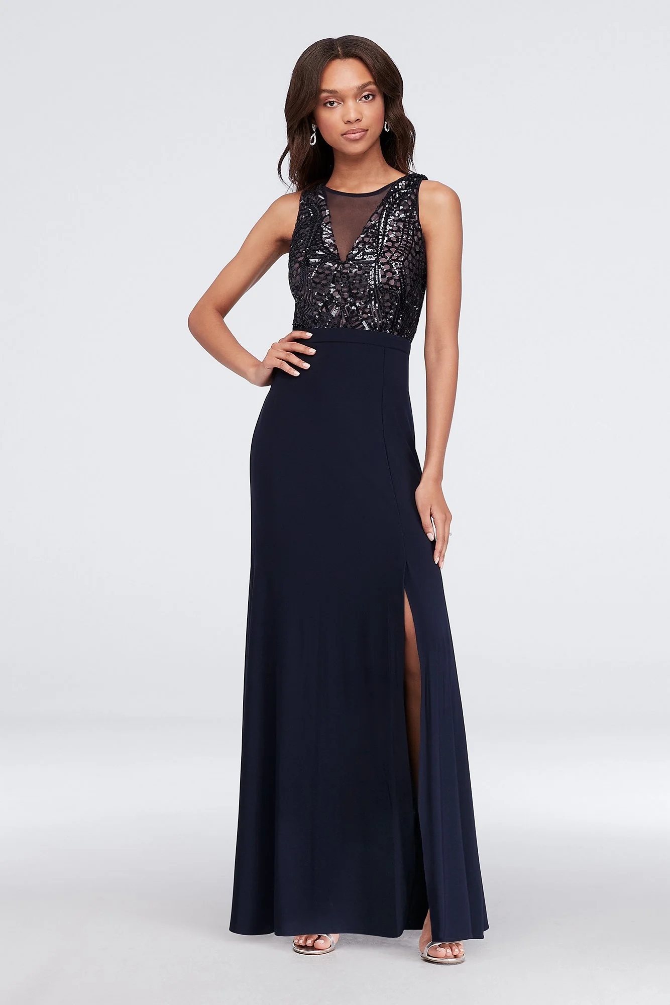 Sequin Bodice Sheath Gown with Illusion V-Neckline - Image 3