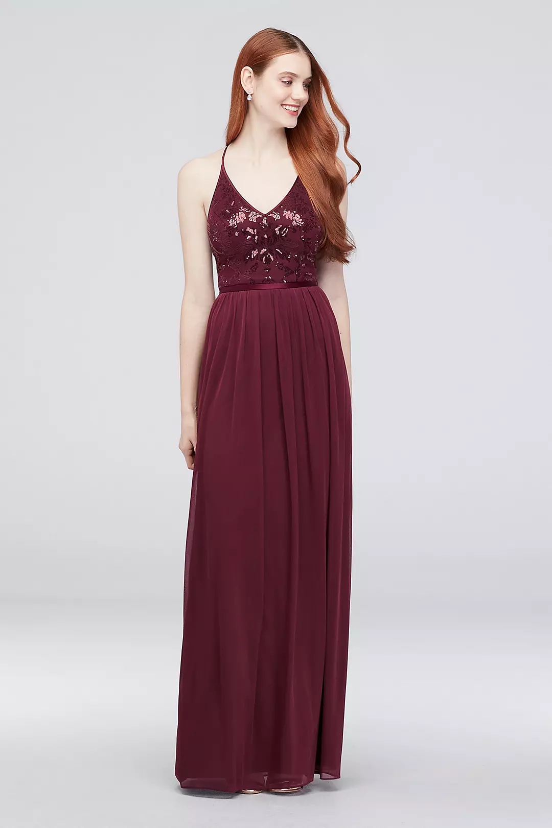 Sequin Bodice V-Neck Dress with Mesh Skirt - Image 10