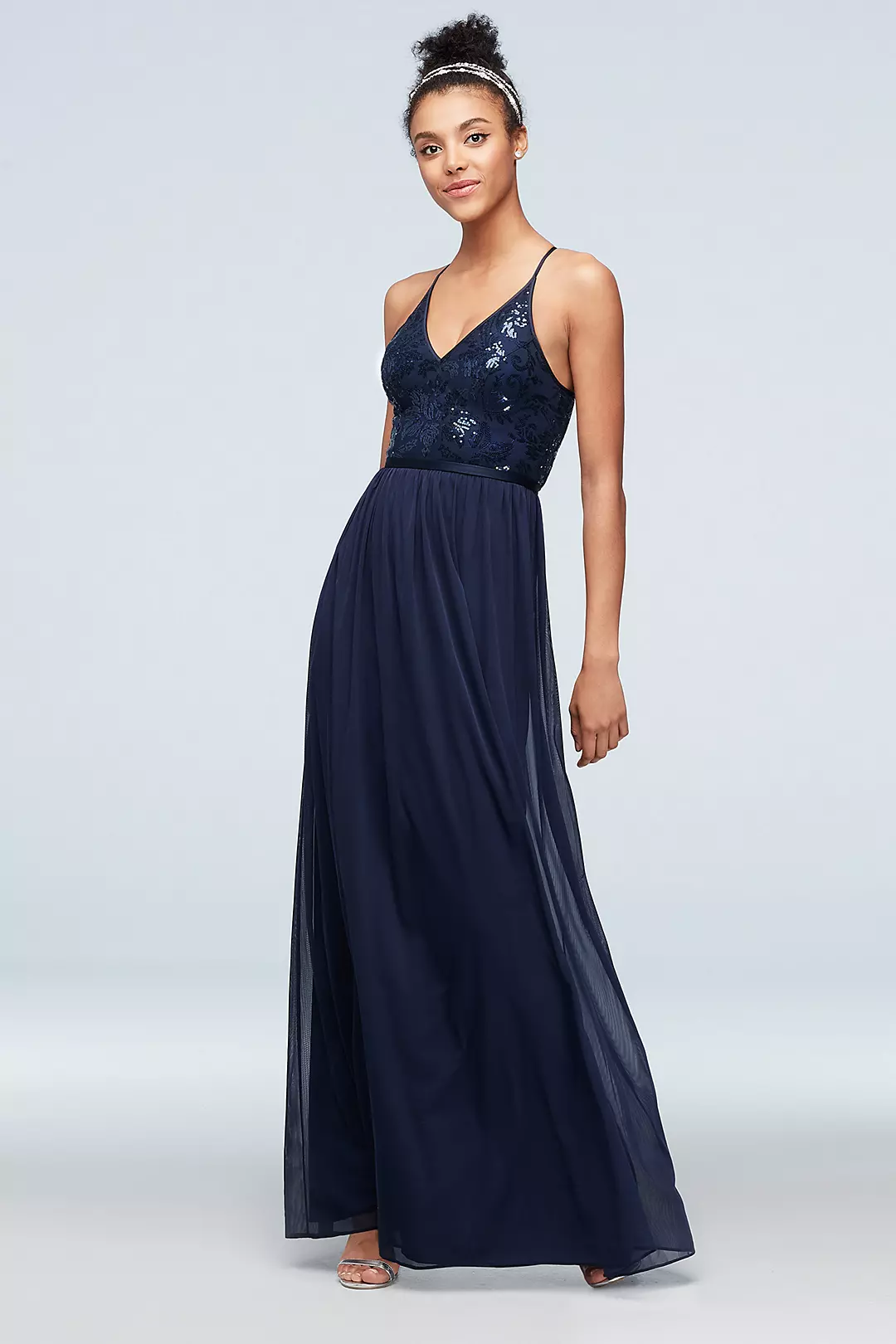 Sequin Bodice V-Neck Dress with Mesh Skirt - Image 14