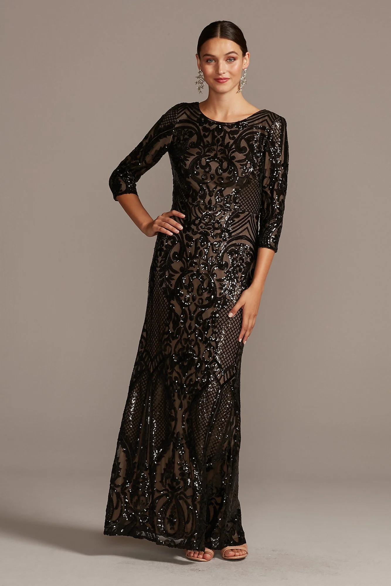 Sequin Brocade Embellished 3/4 Sleeve Dress - Image 2