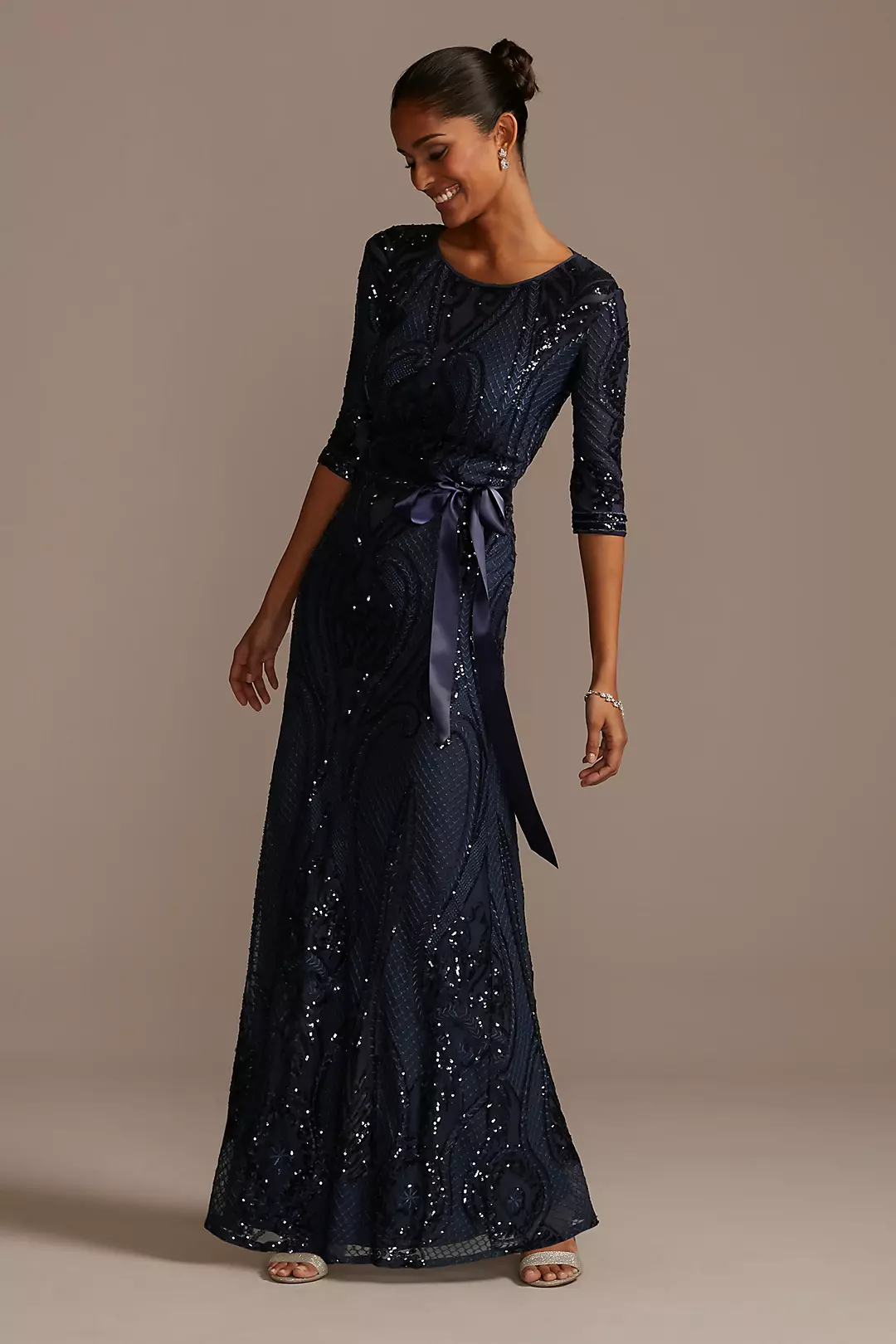 Sequin Damask Pattern Sheath Dress with Sash - Image 9