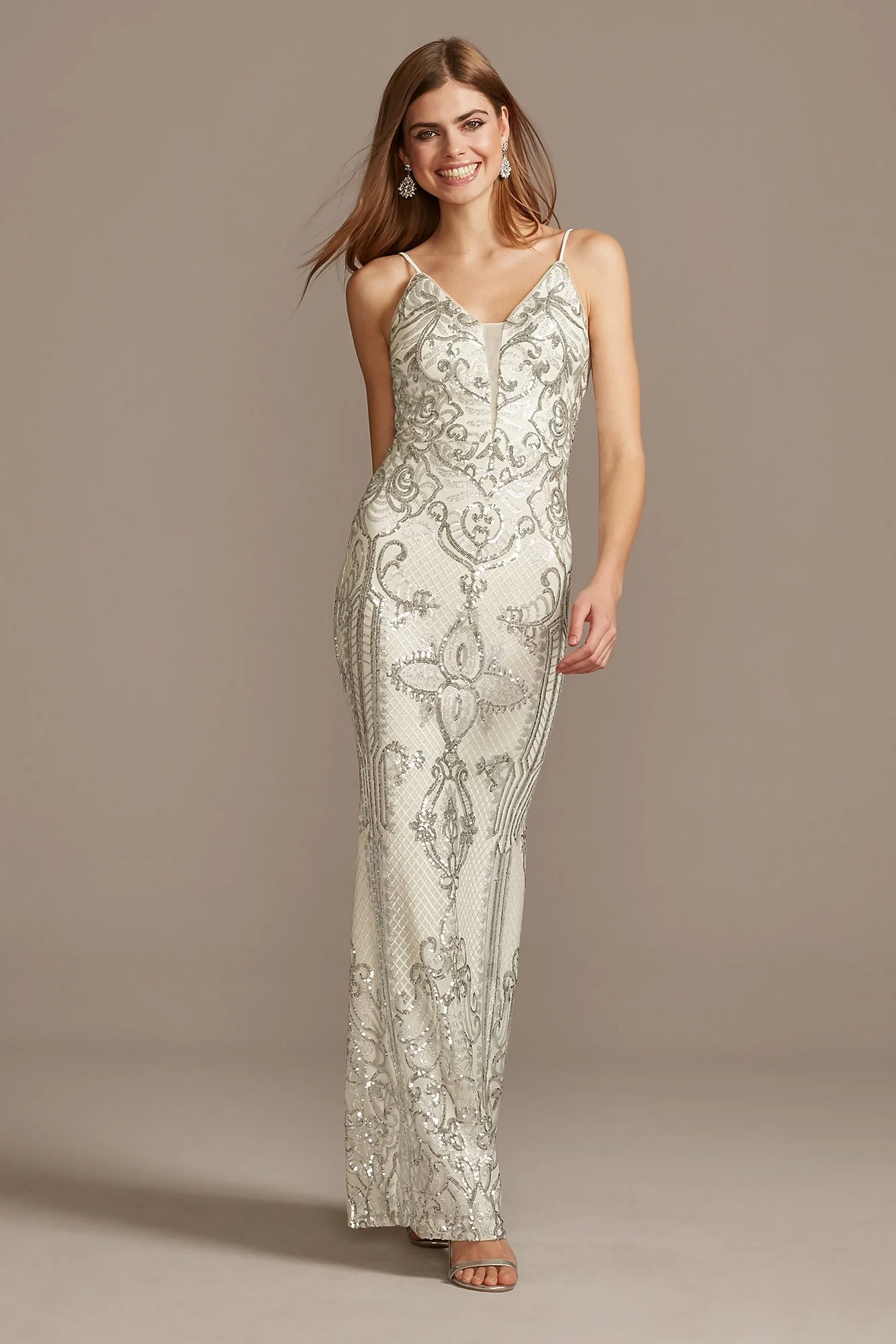 Sequin Damask Pattern Spaghetti Strap Gown - Image 2