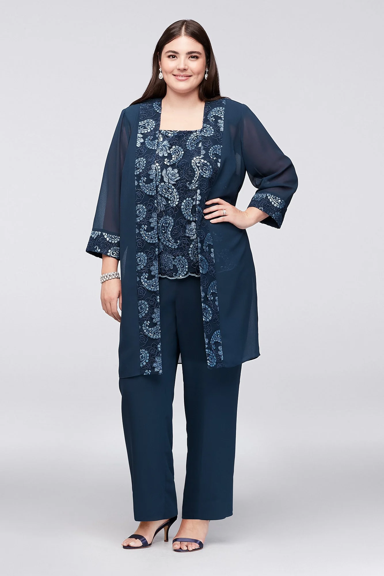 Sequin Embellished Chiffon Plus Size Pantsuit