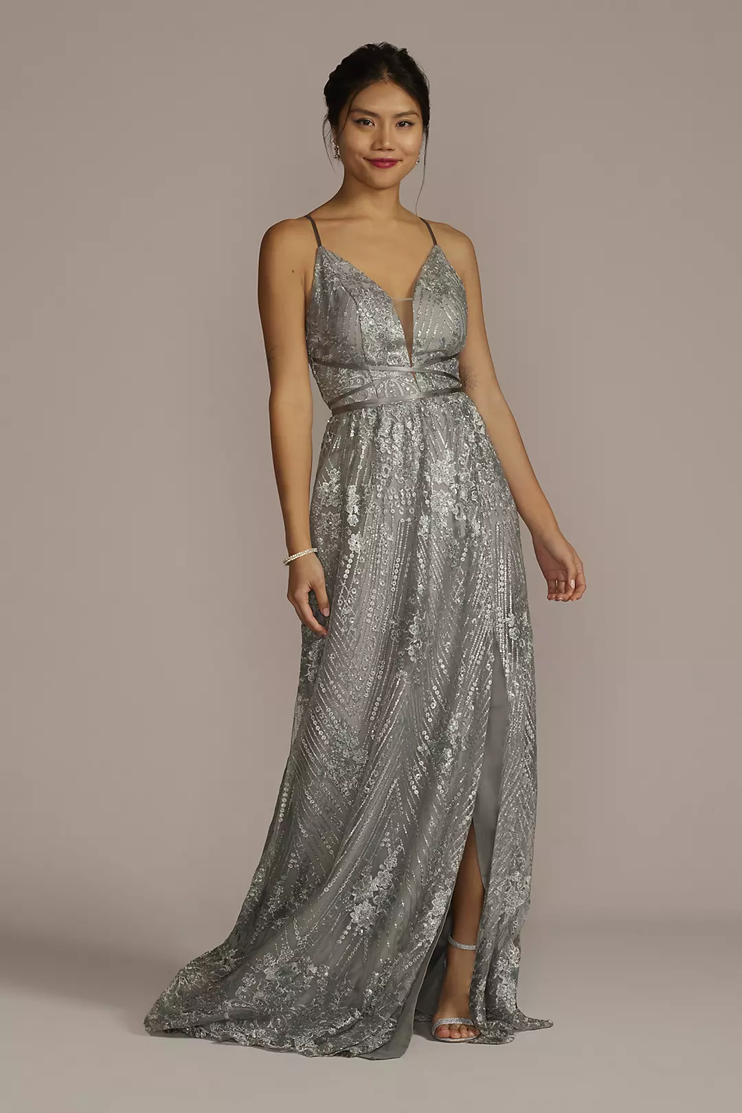 Sequin Embroidered Plunge Bridesmaid Dress - Image 4