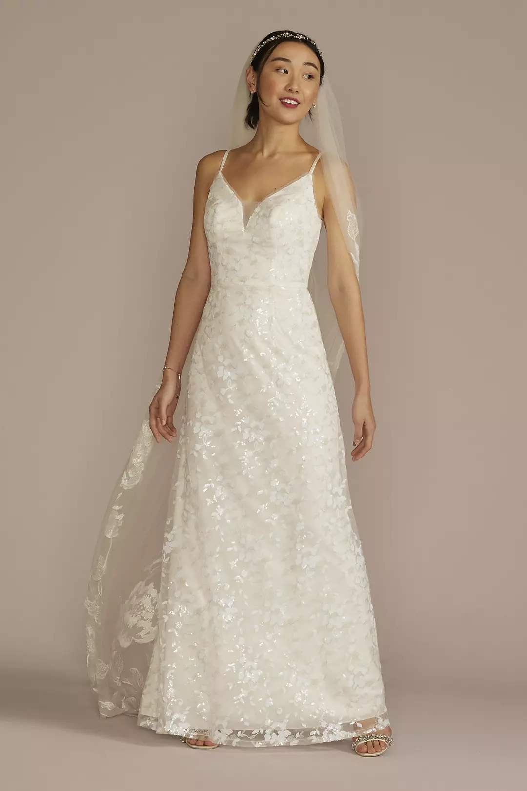 Sequin Floral A-Line Spaghetti Strap Wedding Dress - Image 8