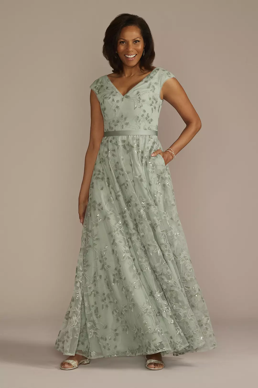 Sequin Floral Cap Sleeve A-Line Dress - Image 52