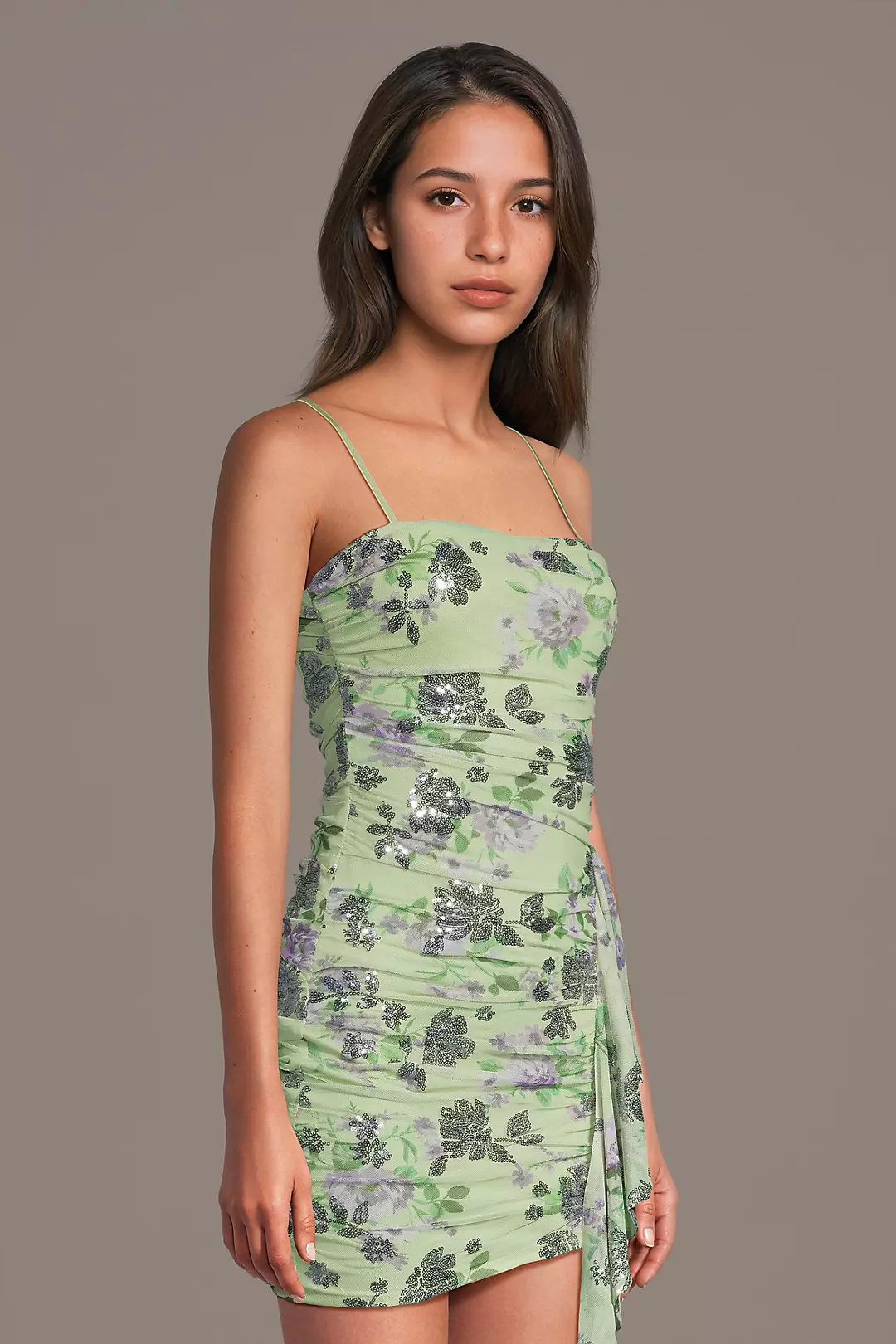 Sequin Floral Mesh Ruched Mini Dress - Image 5