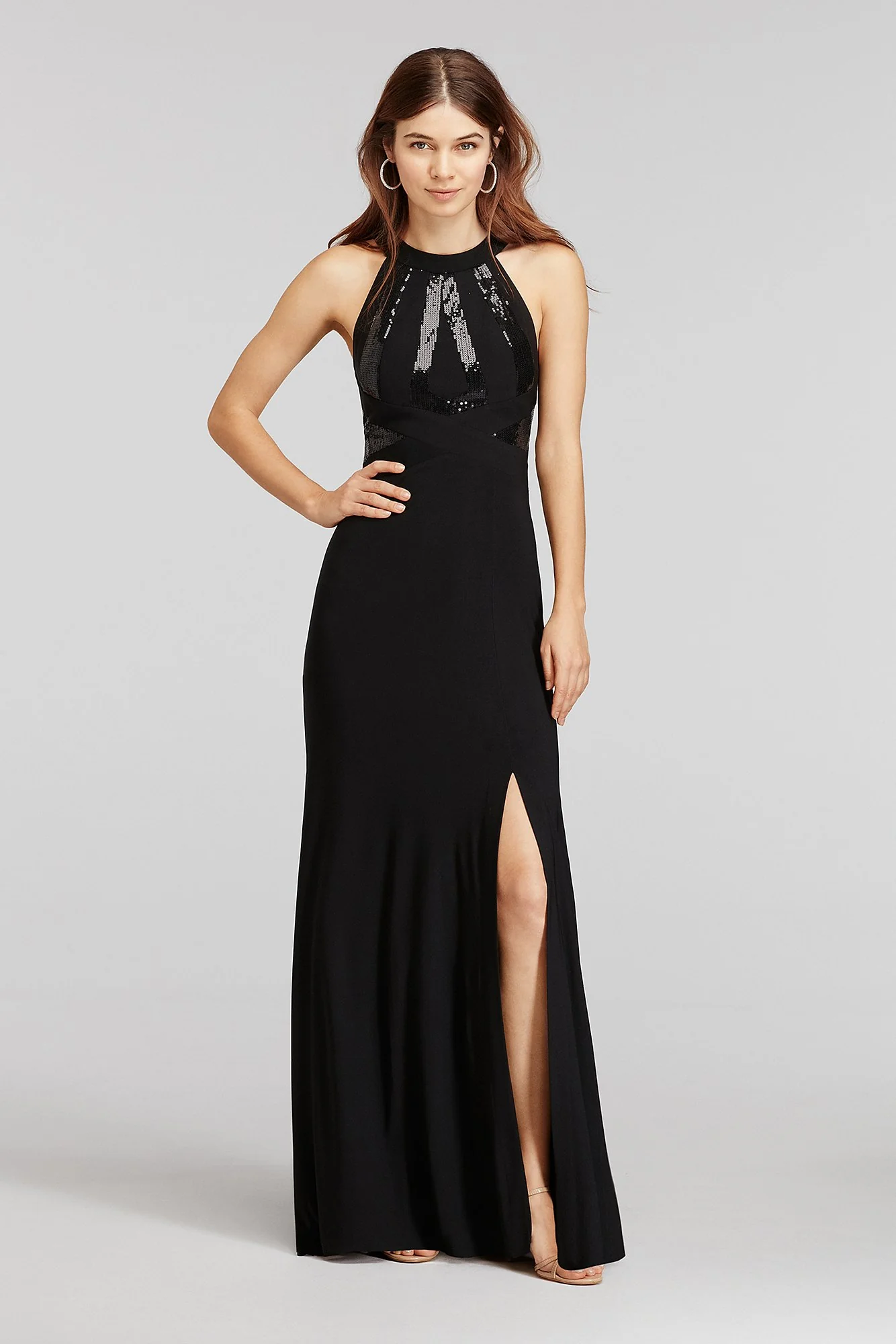 Sequin Halter Jersey Dress with and Open Back