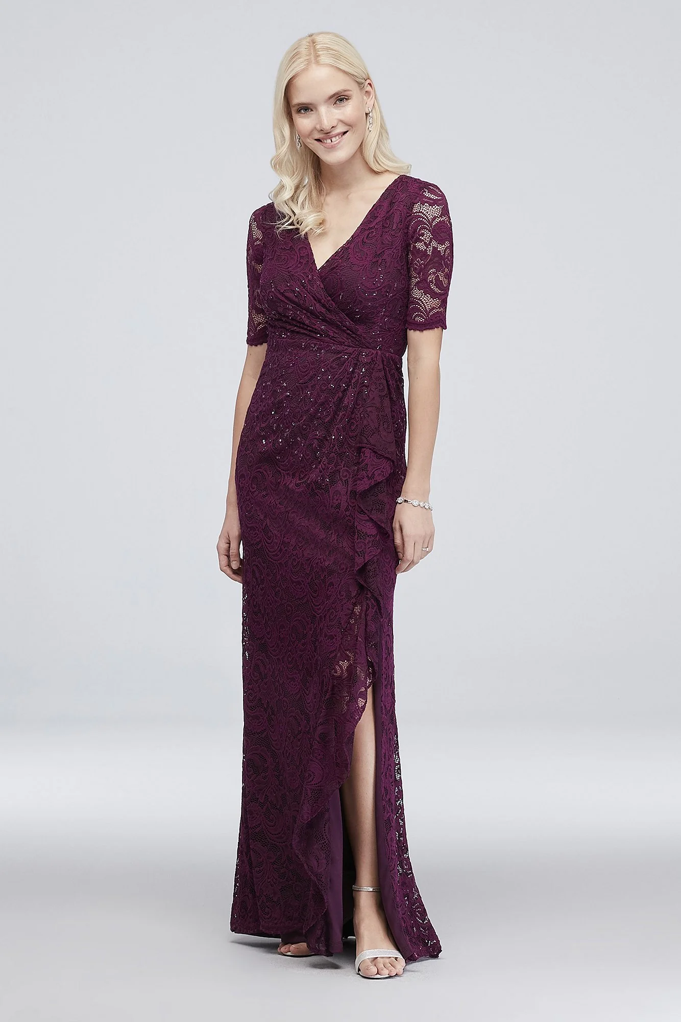 Sequin Lace 3/4 Sleeve Sheath Dress with Cascade - Image 2