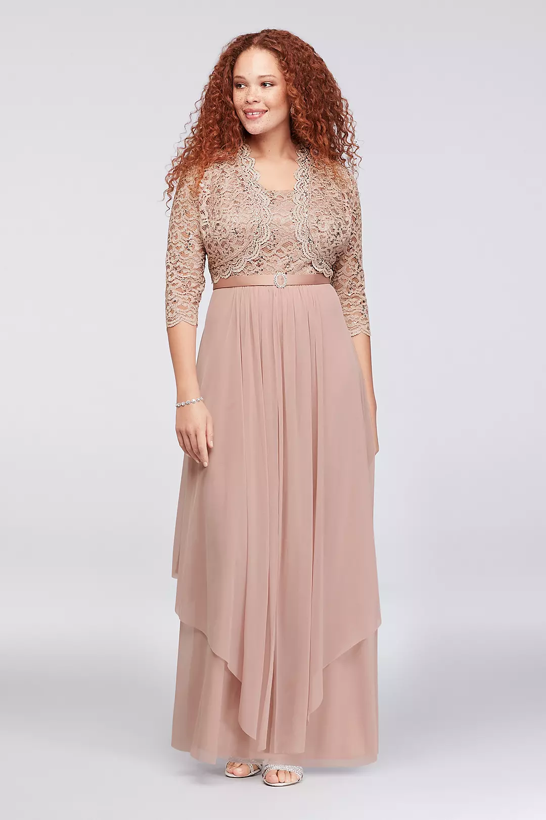 Sequin Lace and Chiffon Dress with Bolero Jacket - Image 3