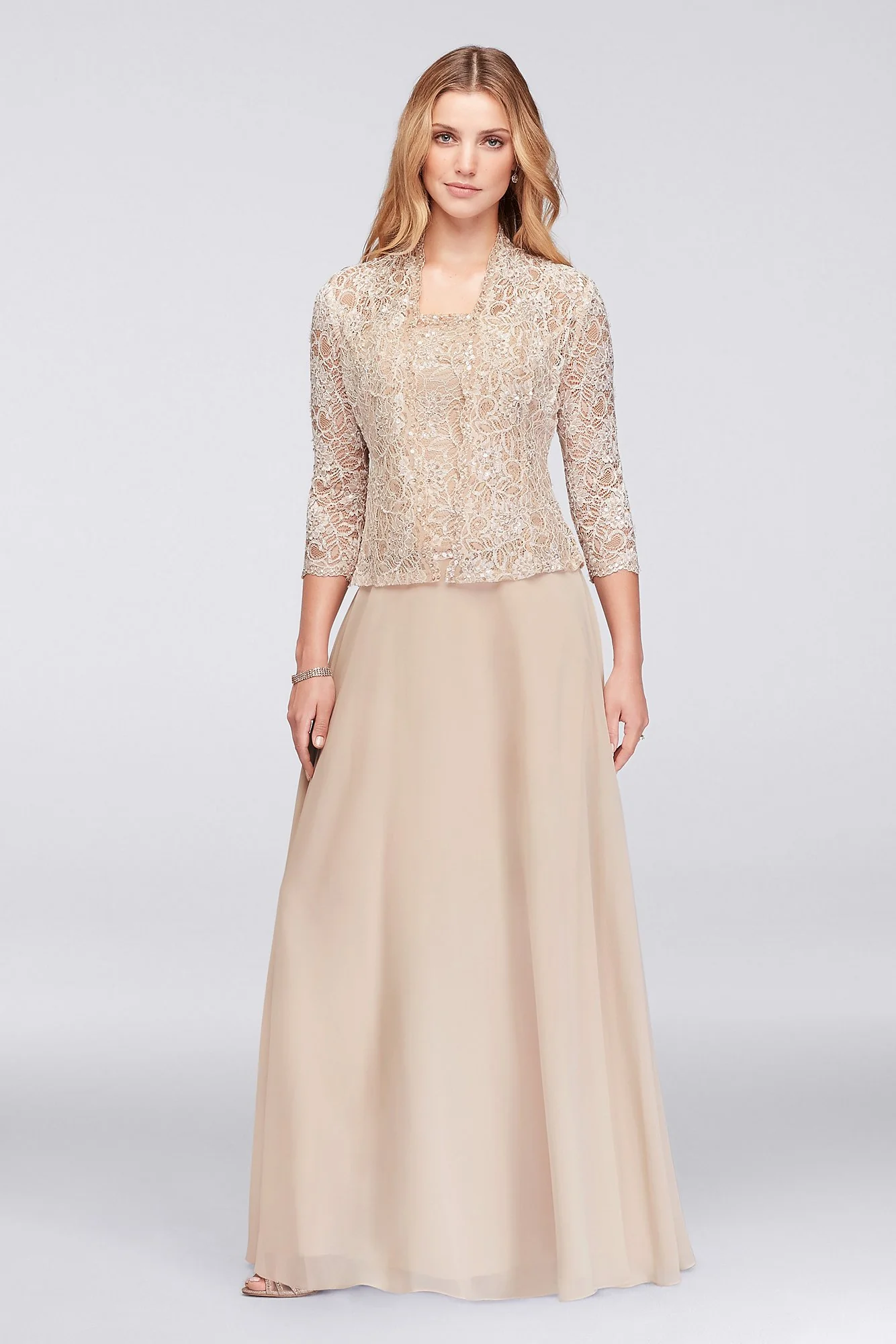 Sequin Lace Bodice Dress with 3/4 Sleeve Jacket - Image 3