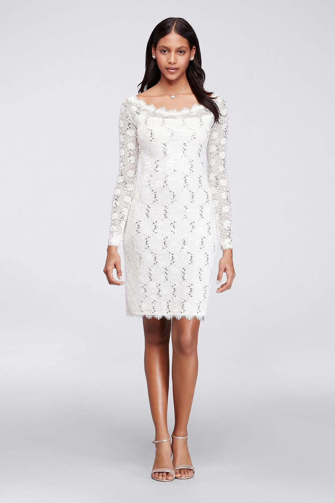 Sequin Lace Dress with Long Sleeves and Scalloping - Image 2