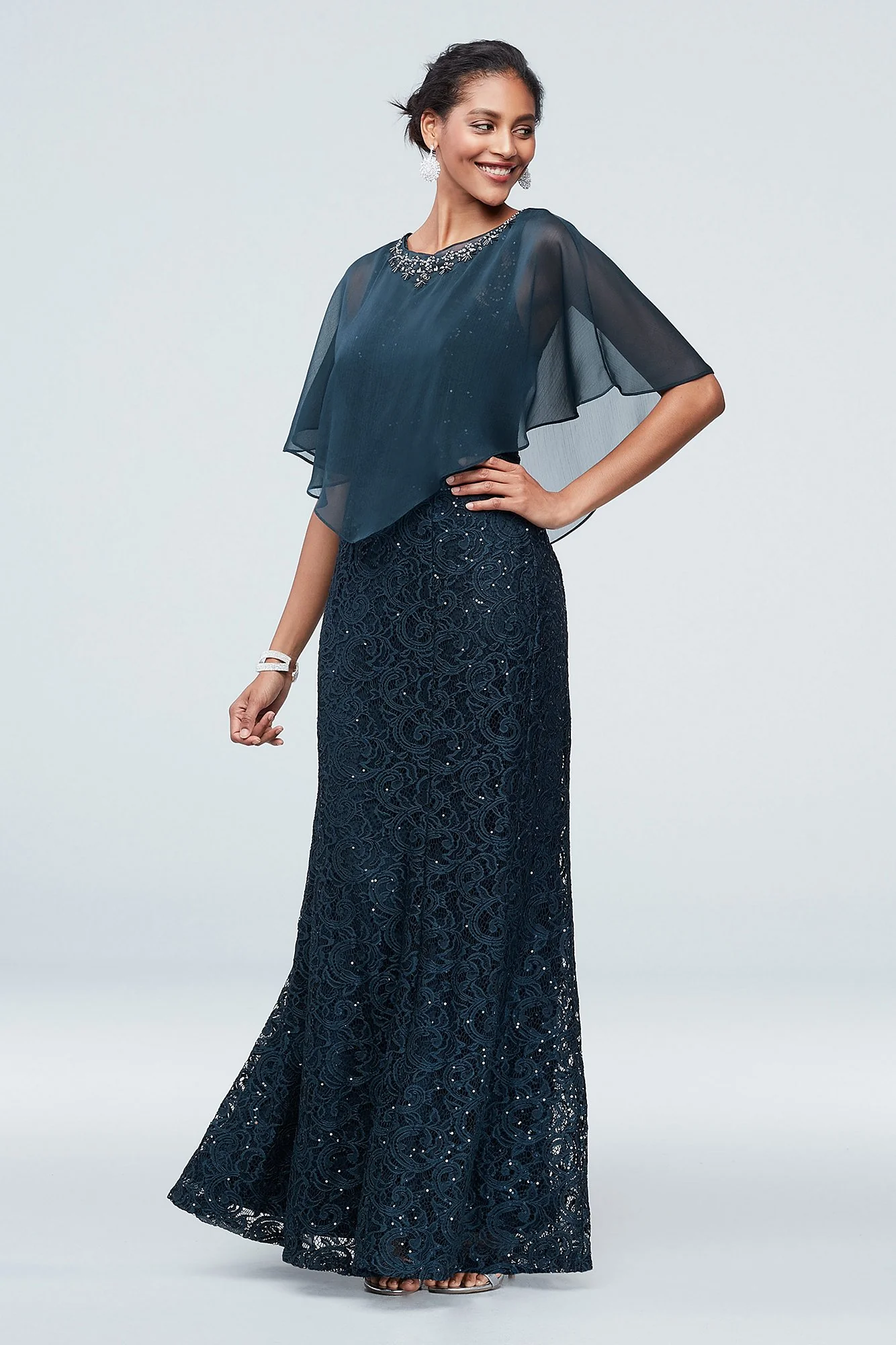 Sequin Lace Illusion Gown with Embellished Capelet