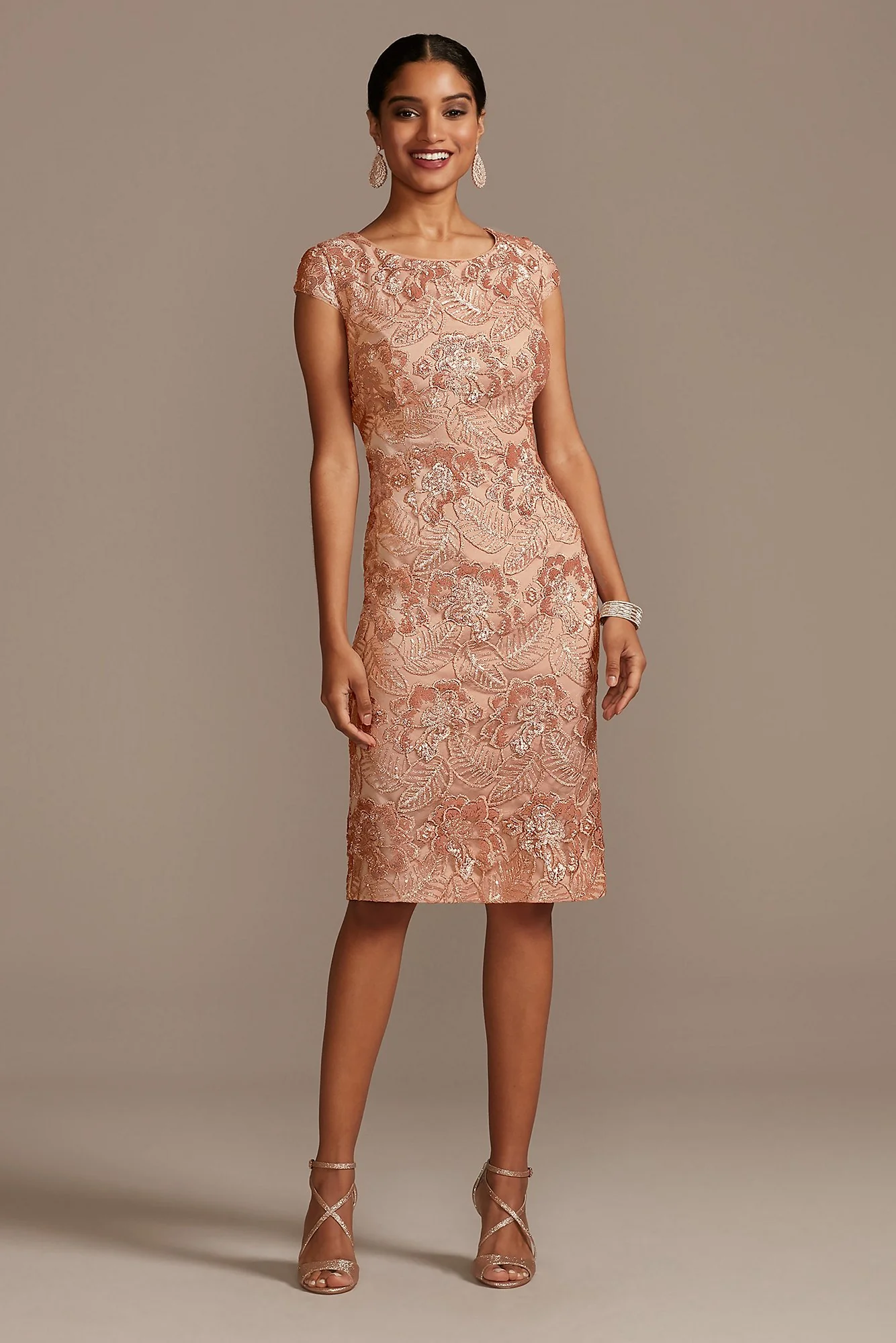 Sequin Lace Knee-Length Sheath with Cap Sleeves