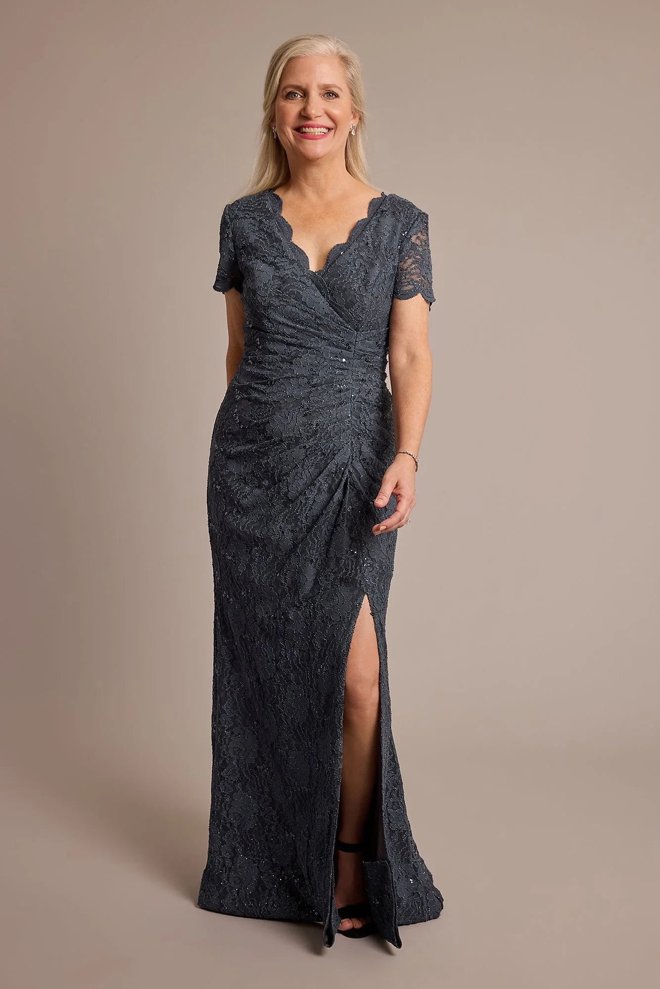Sequin Lace Sheath Dress with Scalloped Neckline