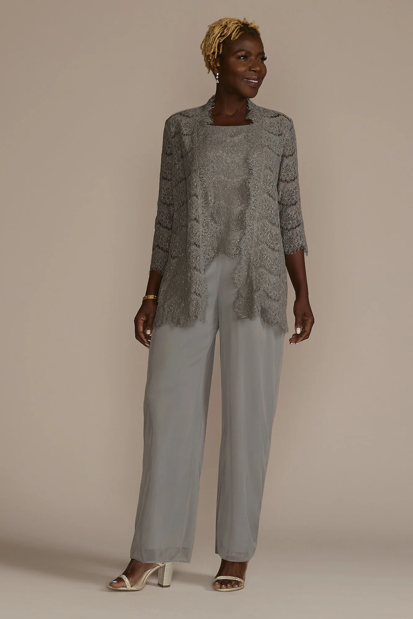 Sequin Lace Three-Quarter Sleeve Chiffon Pantsuit - Image 3
