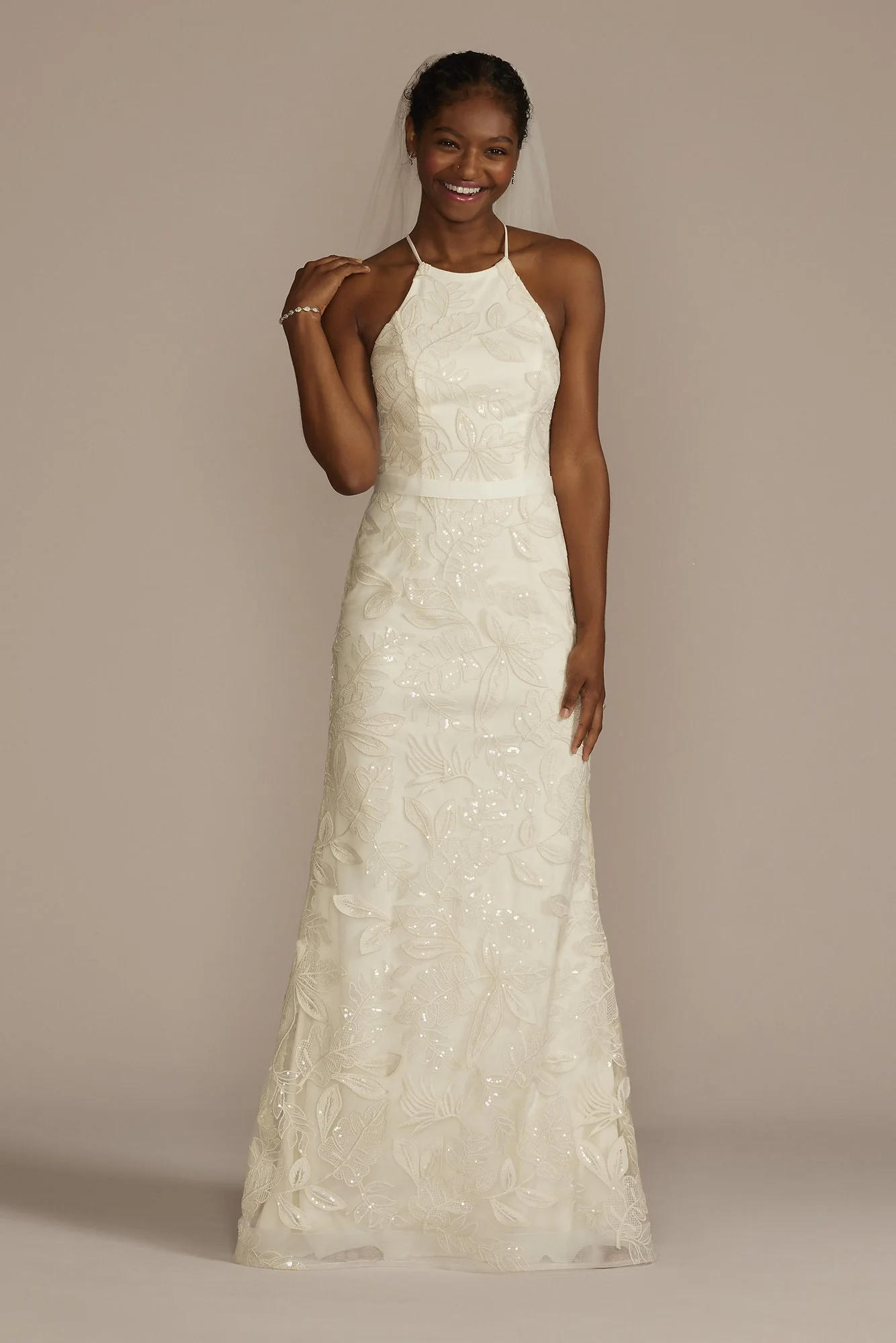 Sequin Leaf-Appliqued High Neck Petite Gown