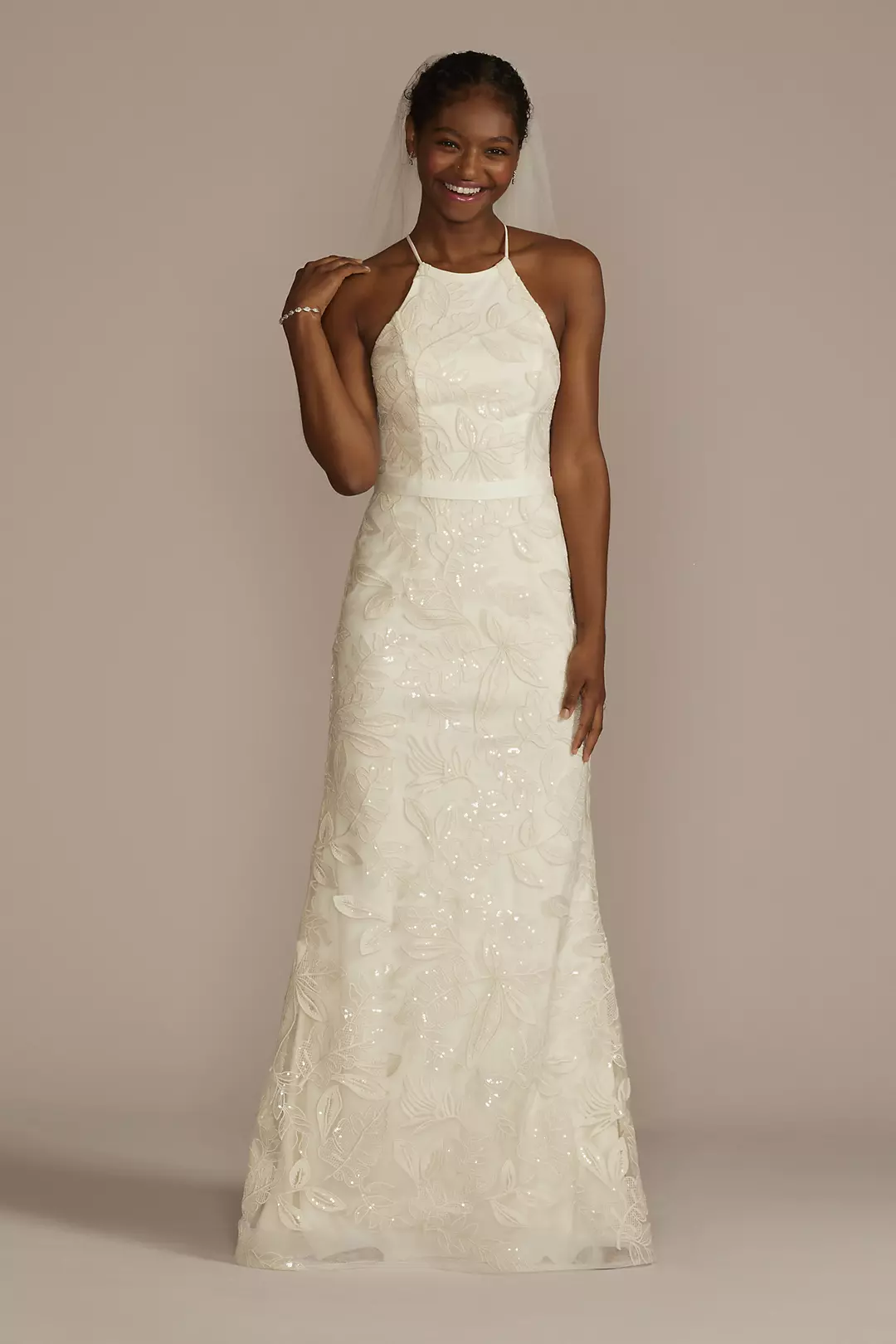 Sequin Leaf-Appliqued High Neck Petite Gown - Image 5