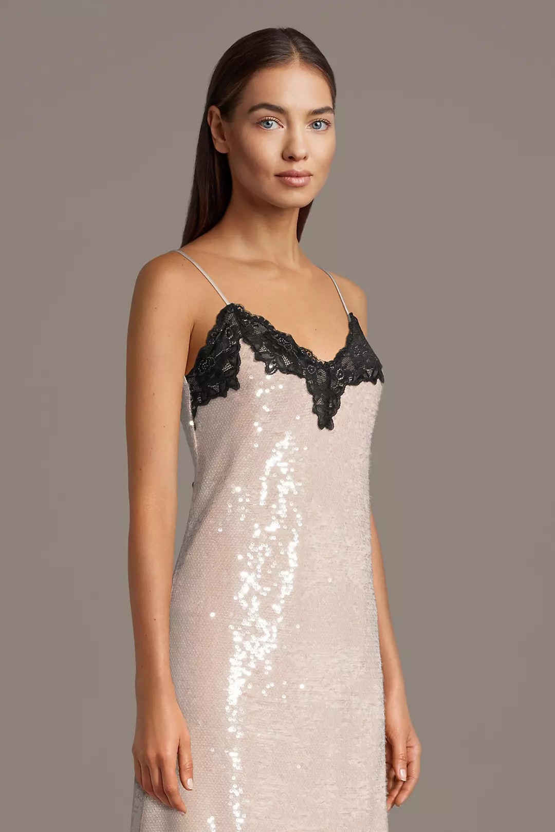 Sequin Mesh Slip Dress with Lace Trim - Image 2