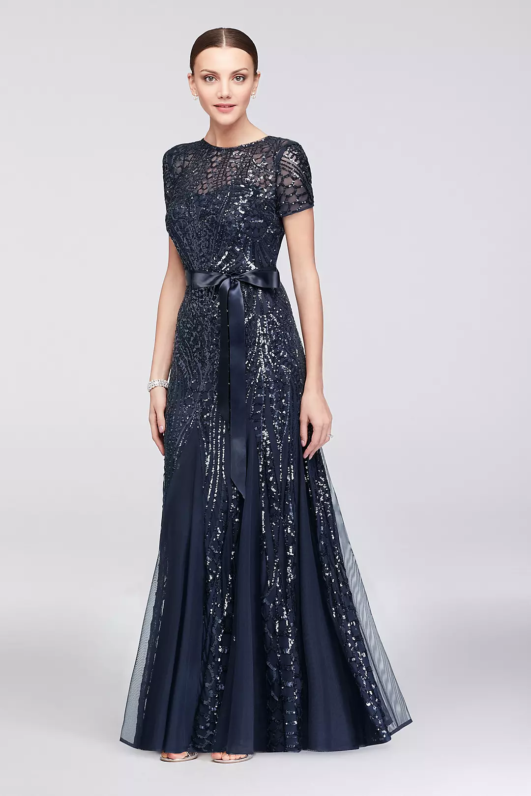 Sequined Illusion Short-Sleeve A-Line Gown - Image 12