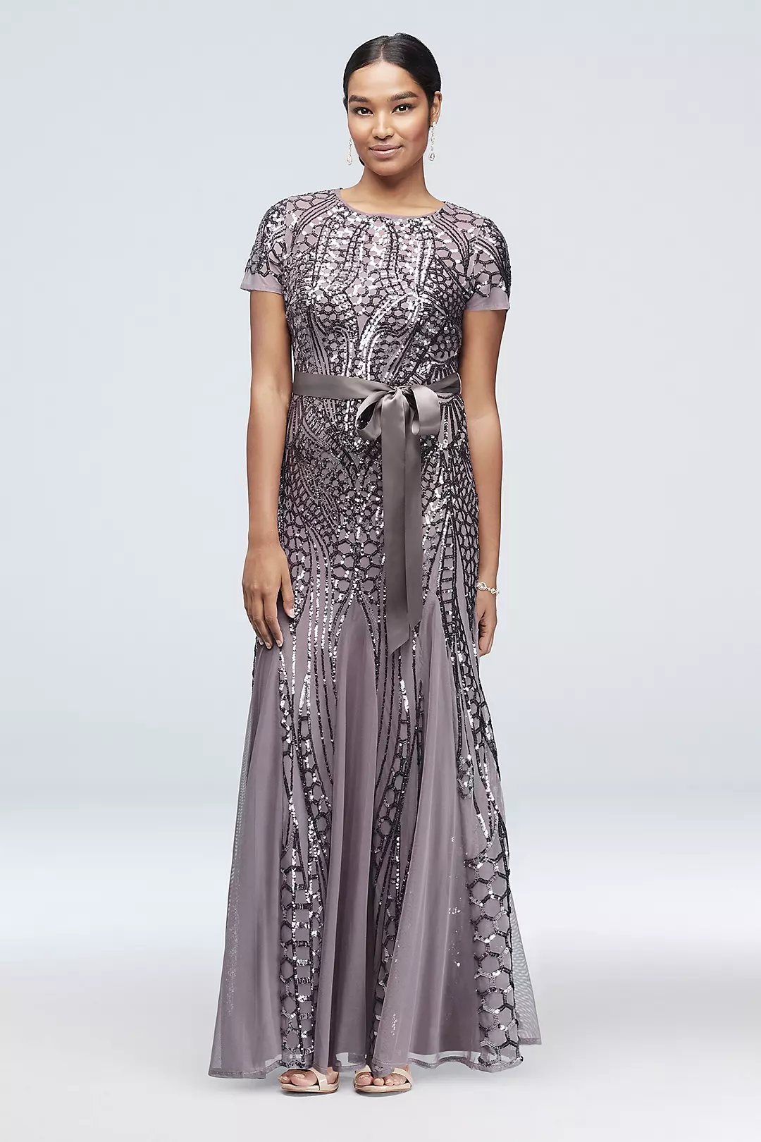 Sequined Illusion Short-Sleeve A-Line Gown - Image 2
