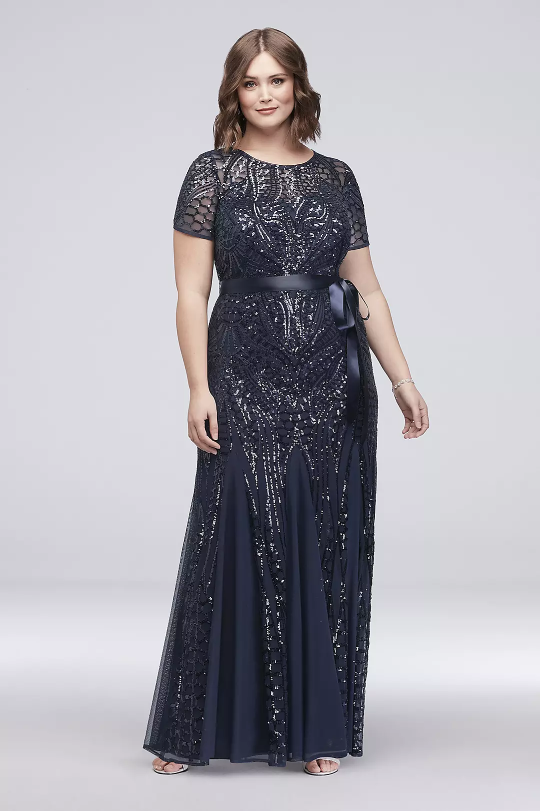 Sequined Illusion Short-Sleeve A-Line Gown - Image 5