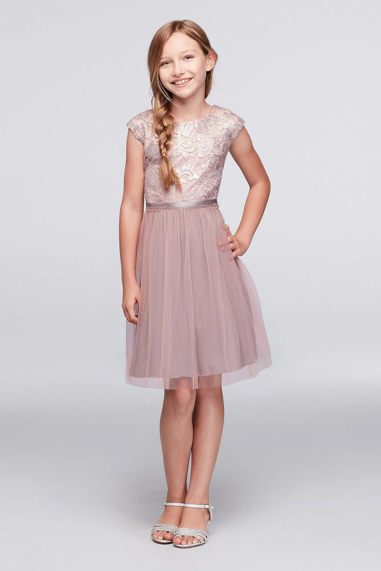 Sequined Lace Cap Sleeve Dress with Tulle Skirt - Image 2