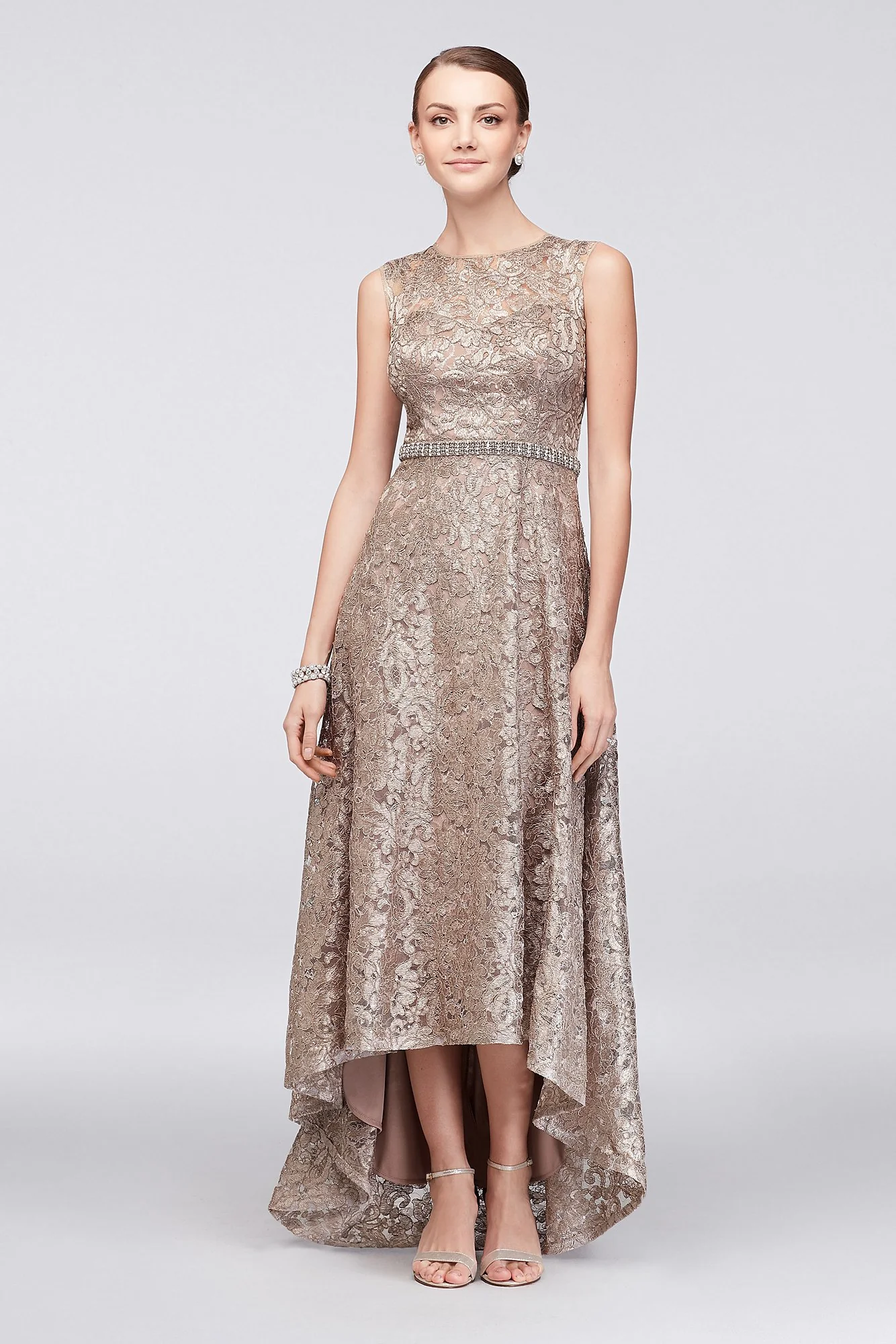 Sequined Lace High-Low Dress with Beaded Waist