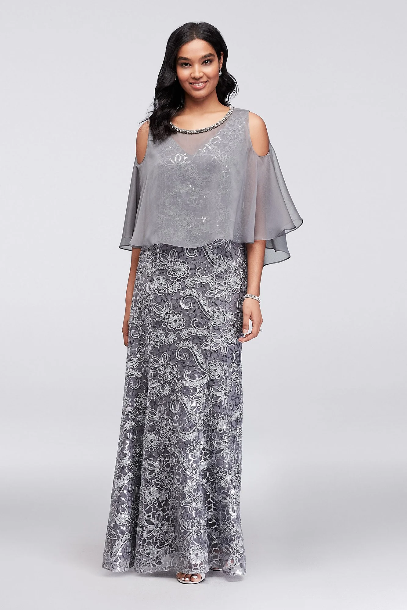 Sequined Lace Sheath and Cold-Shoulder Capelet - Image 2